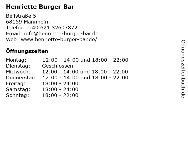 Henriette Burger Bar in Mannheim: Adresse und Öffnungszeiten