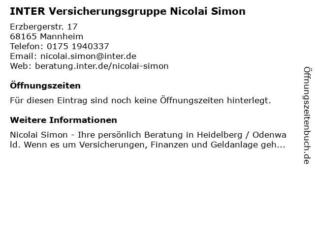 INTER Versicherungsgruppe Nicolai Simon in Mannheim: Adresse und Öffnungszeiten