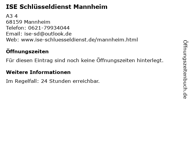 ISE Schlüsseldienst Mannheim in Mannheim: Adresse und Öffnungszeiten