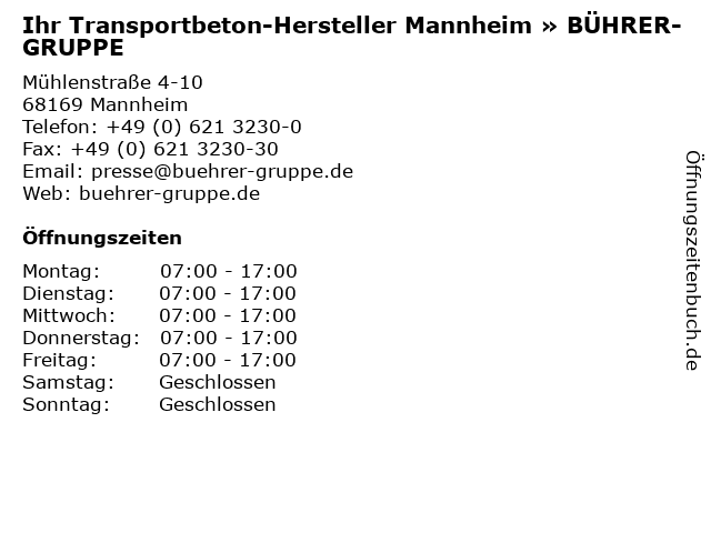 Ihr Transportbeton-Hersteller Mannheim » BÜHRER-GRUPPE in Mannheim: Adresse und Öffnungszeiten