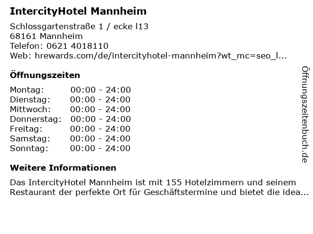 IntercityHotel in Mannheim: Adresse und Öffnungszeiten