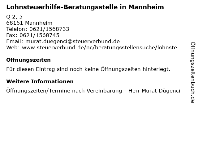 Lohnsteuerhilfe-Beratungsstelle in Mannheim in Mannheim: Adresse und Öffnungszeiten