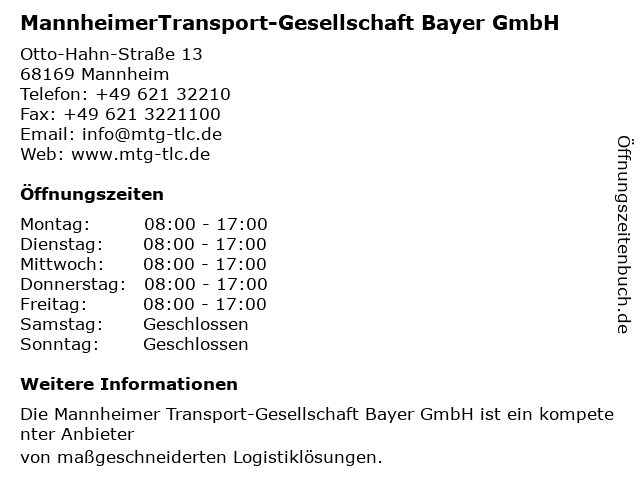 MannheimerTransport-Gesellschaft Bayer GmbH in Mannheim: Adresse und Öffnungszeiten