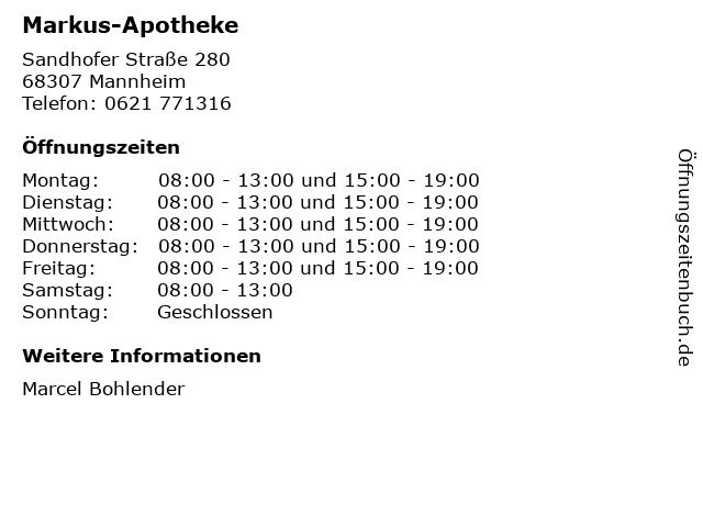 Markus-Apotheke in Mannheim: Adresse und Öffnungszeiten