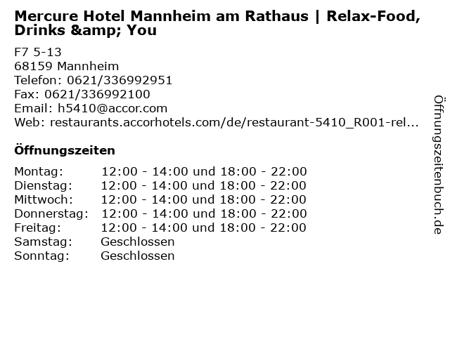 Mercure Hotel Mannheim am Rathaus | Relax-Food, Drinks & You in Mannheim: Adresse und Öffnungszeiten