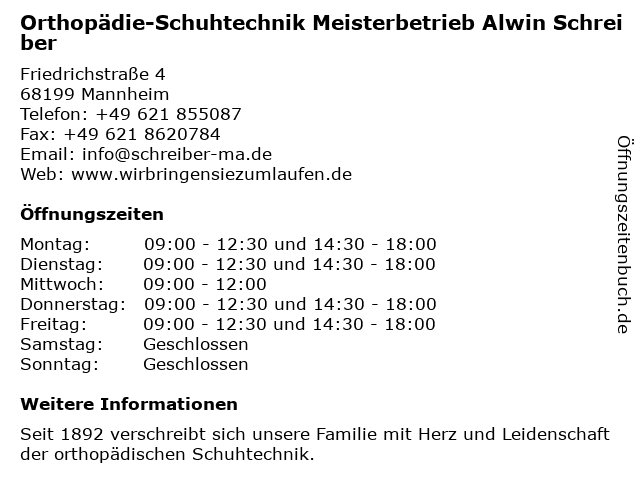 Orthopädie-Schuhtechnik Meisterbetrieb Alwin Schreiber in Mannheim: Adresse und Öffnungszeiten