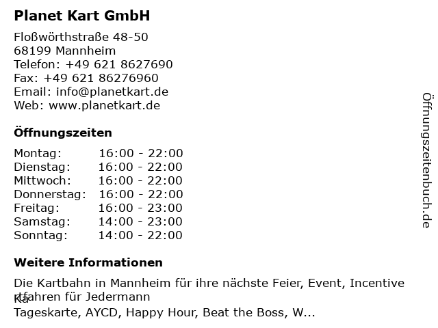 Planet Kart GmbH in Mannheim: Adresse und Öffnungszeiten