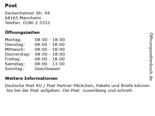 Post in Mannheim: Adresse und Öffnungszeiten