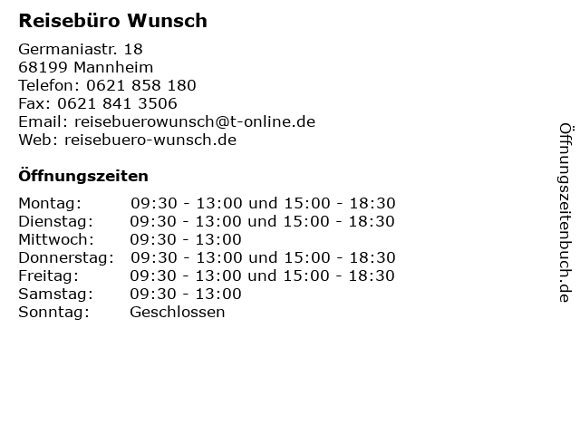 Reisebüro Wunsch in Mannheim: Adresse und Öffnungszeiten