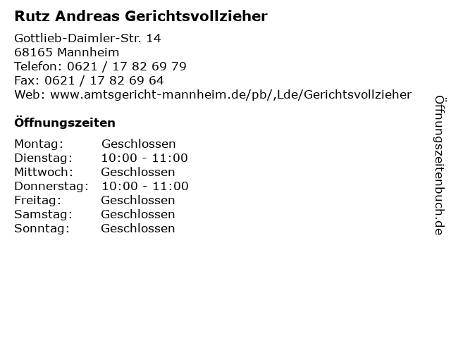 Rutz Andreas Gerichtsvollzieher in Mannheim: Adresse und Öffnungszeiten