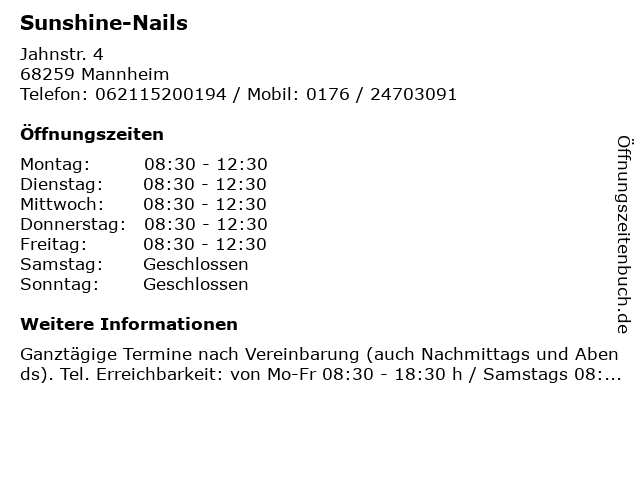 Sunshine-Nails in Mannheim: Adresse und Öffnungszeiten