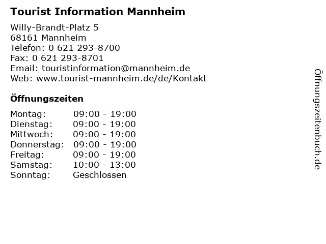 Tourist Information Mannheim in Mannheim: Adresse und Öffnungszeiten