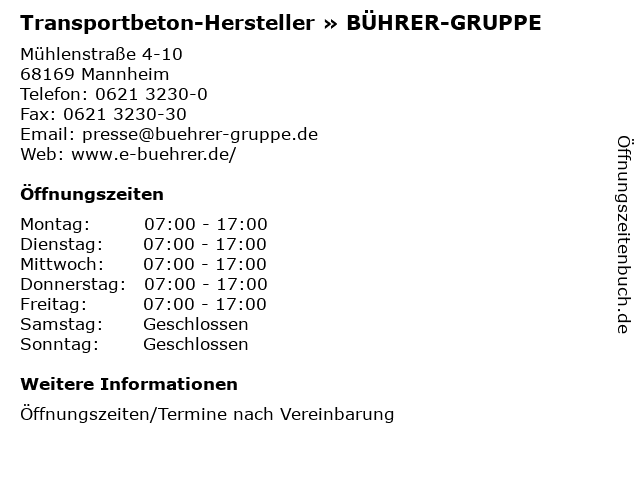 Transportbeton-Hersteller » BÜHRER-GRUPPE in Mannheim: Adresse und Öffnungszeiten
