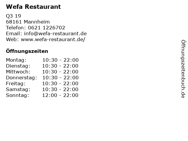 Wefa Restaurant in Mannheim: Adresse und Öffnungszeiten