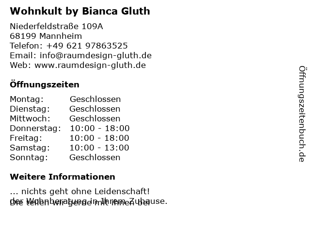 Wohnkult by Bianca Gluth in Mannheim: Adresse und Öffnungszeiten