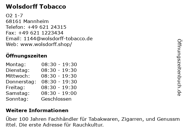 Wolsdorff Tobacco in Mannheim: Adresse und Öffnungszeiten