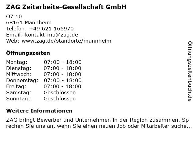 ZAG Zeitarbeits-Gesellschaft GmbH in Mannheim: Adresse und Öffnungszeiten