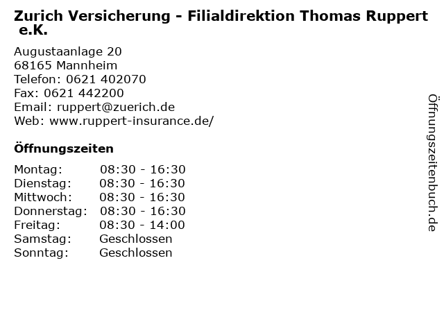Zurich Versicherung - Filialdirektion Thomas Ruppert e.K. in Mannheim: Adresse und Öffnungszeiten