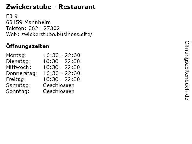 Zwickerstube - Restaurant in Mannheim: Adresse und Öffnungszeiten