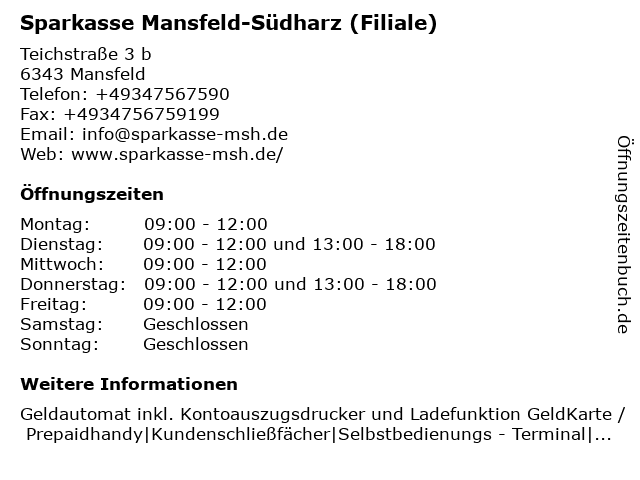 ᐅ Offnungszeiten Sparkasse Mansfeld Sudharz Filiale Mansfeld Teichstr 3b In Mansfeld
