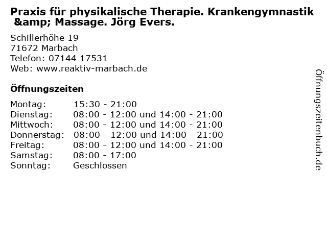 Praxis für physikalische Therapie. Krankengymnastik & Massage. Jörg Evers. in Marbach: Adresse und Öffnungszeiten
