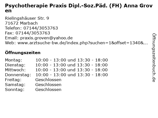 Psychotherapie Praxis Dipl.-Soz.Päd. (FH) Anna Groven in Marbach: Adresse und Öffnungszeiten