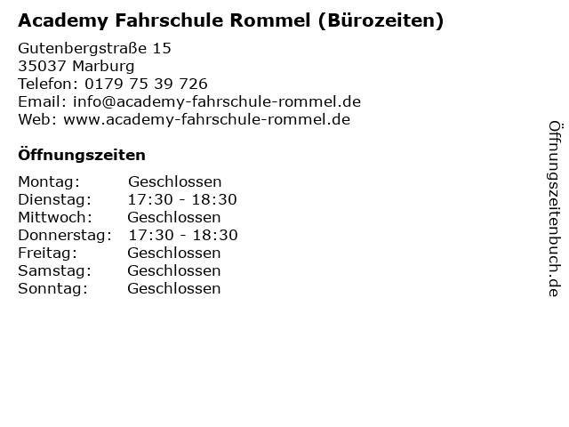 Academy Fahrschule Rommel (Bürozeiten) in Marburg: Adresse und Öffnungszeiten