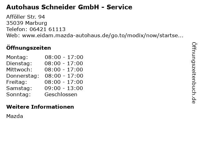 Autohaus Schneider GmbH - Service in Marburg: Adresse und Öffnungszeiten