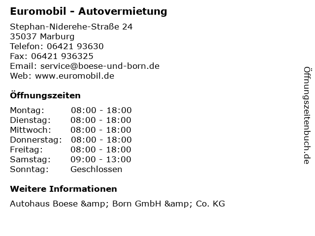 Euromobil - Autovermietung in Marburg: Adresse und Öffnungszeiten
