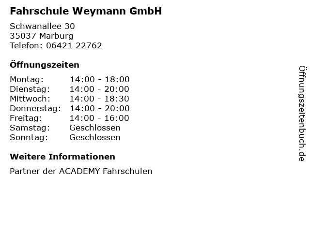 Fahrschule Weymann GmbH in Marburg: Adresse und Öffnungszeiten