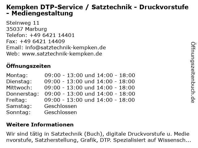 Kempken DTP-Service / Satztechnik - Druckvorstufe - Mediengestaltung in Marburg: Adresse und Öffnungszeiten