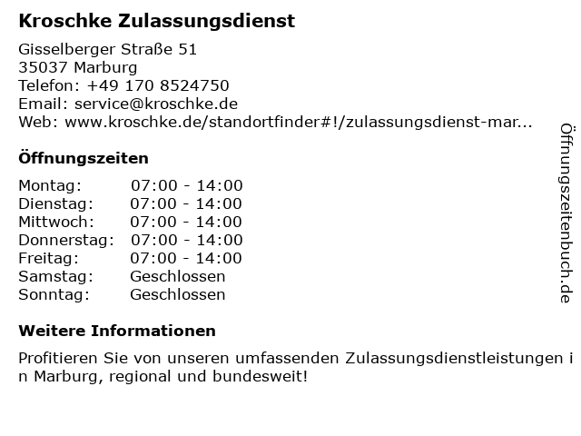 Kfz Zulassungen und Kennzeichen Kroschke in Marburg: Adresse und Öffnungszeiten