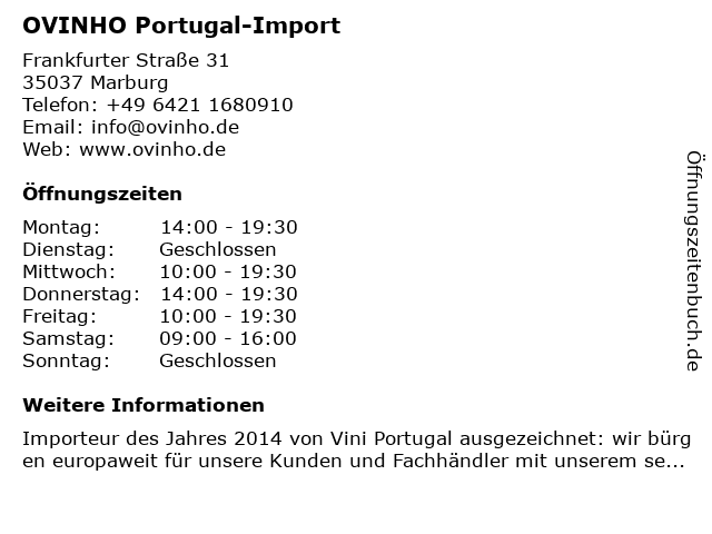 OVINHO Portugal-Import in Marburg: Adresse und Öffnungszeiten
