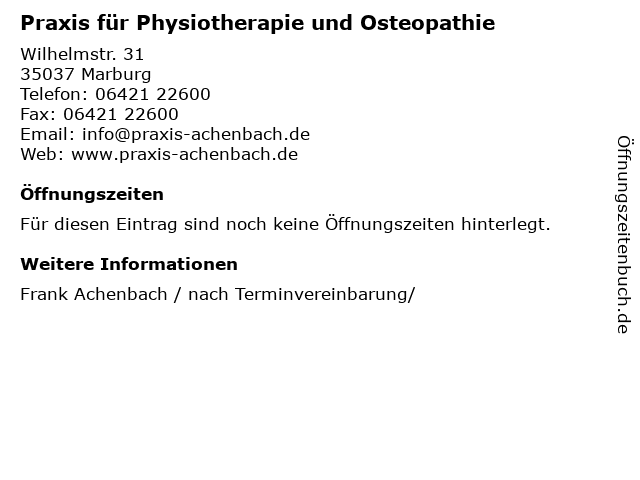 Praxis für Physiotherapie und Osteopathie in Marburg: Adresse und Öffnungszeiten