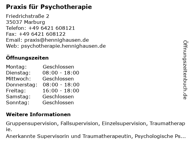 Praxis für Psychotherapie in Marburg: Adresse und Öffnungszeiten