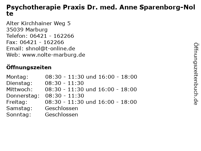 Psychotherapie Praxis Dr. med. Anne Sparenborg-Nolte in Marburg: Adresse und Öffnungszeiten