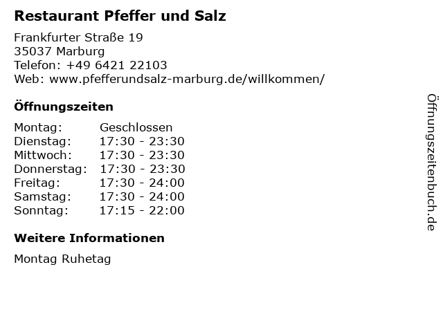 Restaurant Pfeffer und Salz in Marburg: Adresse und Öffnungszeiten