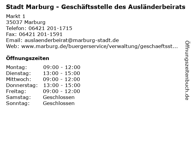 Stadt Marburg - Geschäftsstelle des Ausländerbeirats in Marburg: Adresse und Öffnungszeiten