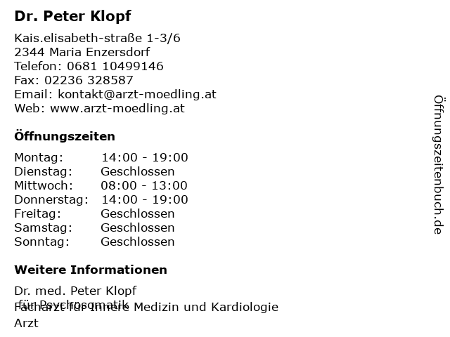 Dr. Peter Klopf in Maria Enzersdorf: Adresse und Öffnungszeiten