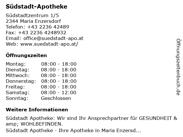 Südstadt-Apotheke in Maria Enzersdorf: Adresse und Öffnungszeiten