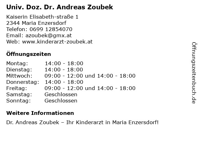 Univ. Doz. Dr. Andreas Zoubek in Maria Enzersdorf: Adresse und Öffnungszeiten