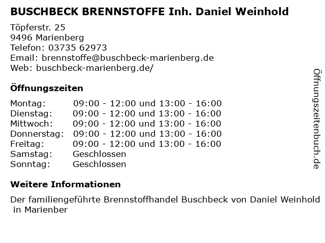 BUSCHBECK BRENNSTOFFE Inh. Daniel Weinhold in Marienberg: Adresse und Öffnungszeiten
