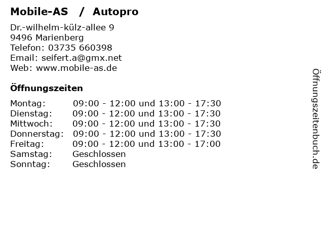 Mobile-AS   /  Autopro in Marienberg: Adresse und Öffnungszeiten
