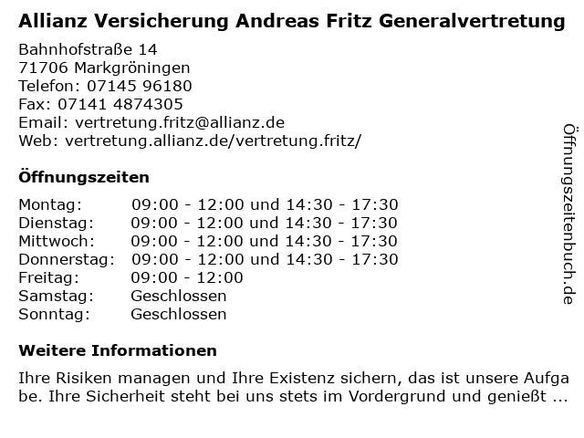 Allianz Versicherung Andreas Fritz Generalvertretung in Markgröningen: Adresse und Öffnungszeiten