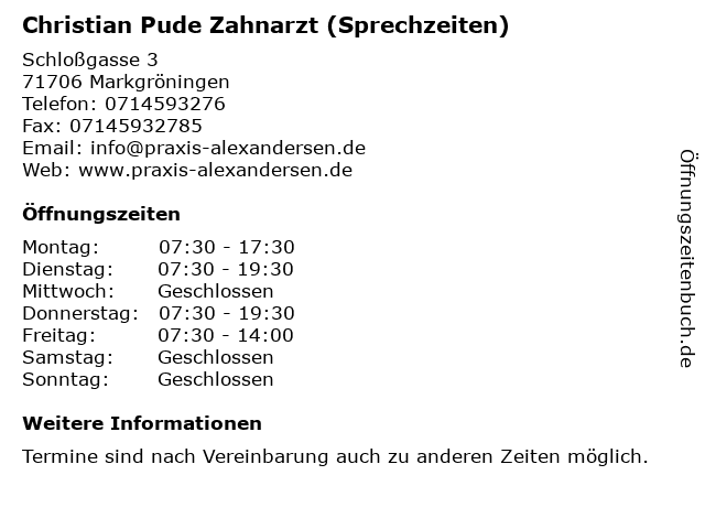Christian Pude Zahnarzt (Sprechzeiten) in Markgröningen: Adresse und Öffnungszeiten