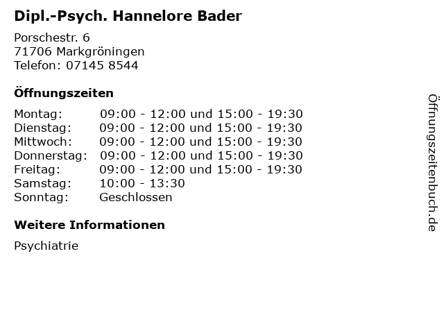 Dipl.-Psych. Hannelore Bader in Markgröningen: Adresse und Öffnungszeiten