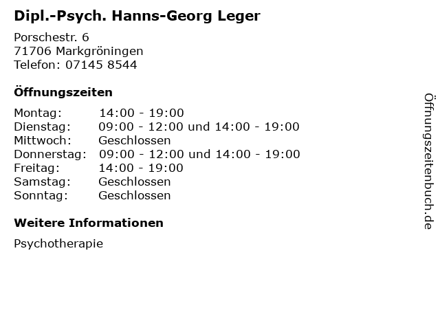 Dipl.-Psych. Hanns-Georg Leger in Markgröningen: Adresse und Öffnungszeiten