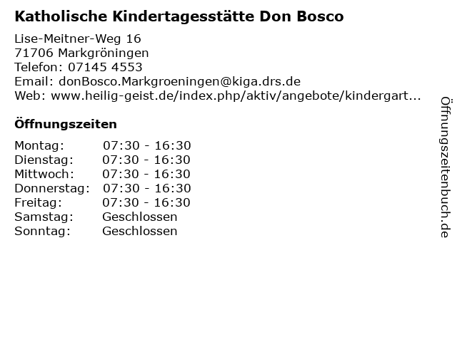 Katholische Kindertagesstätte Don Bosco in Markgröningen: Adresse und Öffnungszeiten