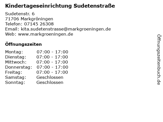 Kindertageseinrichtung Sudetenstraße in Markgröningen: Adresse und Öffnungszeiten