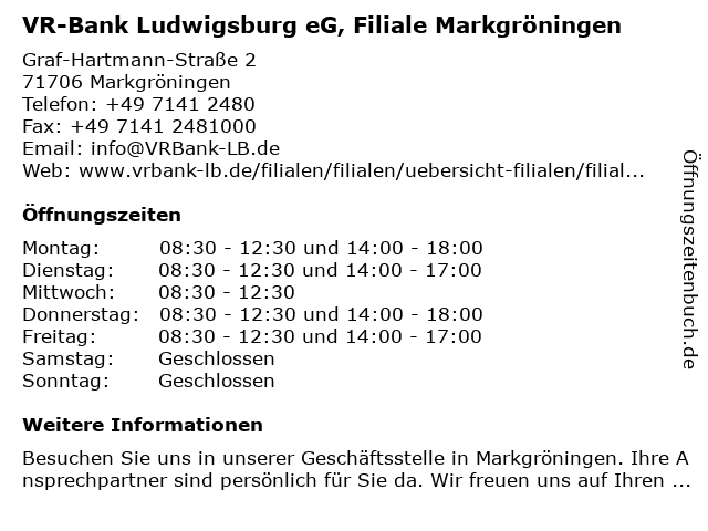 VR-Bank Ludwigsburg eG, Filiale Markgröningen in Markgröningen: Adresse und Öffnungszeiten
